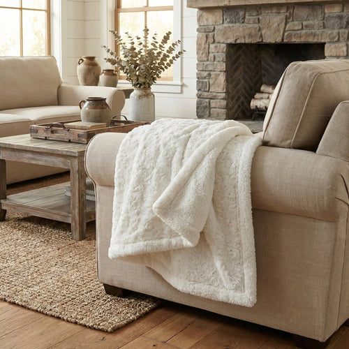 DaDa Bedding Luxury White Roses Fluffy Soft Sherpa Backside Faux Fur Throw Blanket (K11)