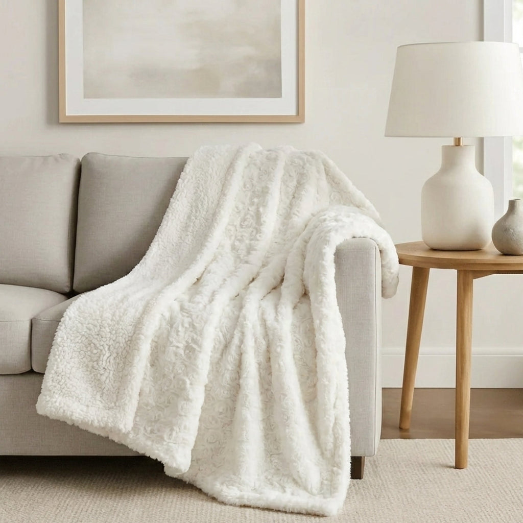 DaDa Bedding Luxury White Roses Fluffy Soft Sherpa Backside Faux Fur Throw Blanket (K11)